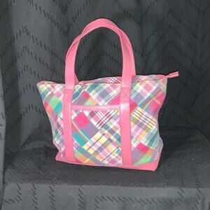 🎉Talbots Multi-Color Plaid Patchwork "Perfect Tote" - Pink Leather Trim
